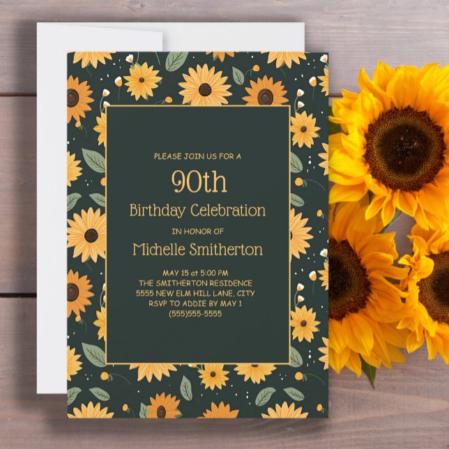 Gult Solblommor Svart 90:e födelsedag Inbjudningar (Cute sunflowers on black 90th birthday party invitation for women. Customizable with your text.)