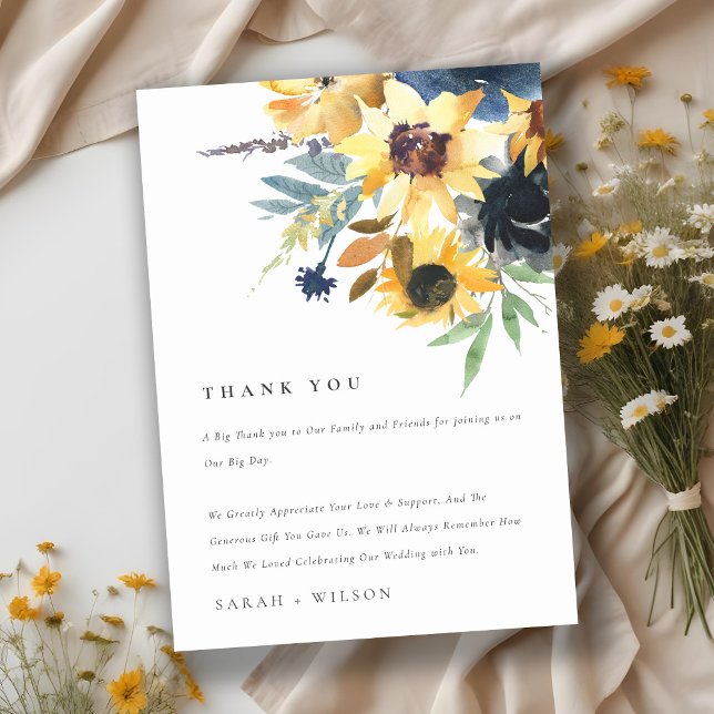 Gult Solblommor Watercolor Blommigt Bröllop Tack Kort (Skapare uppladdad)