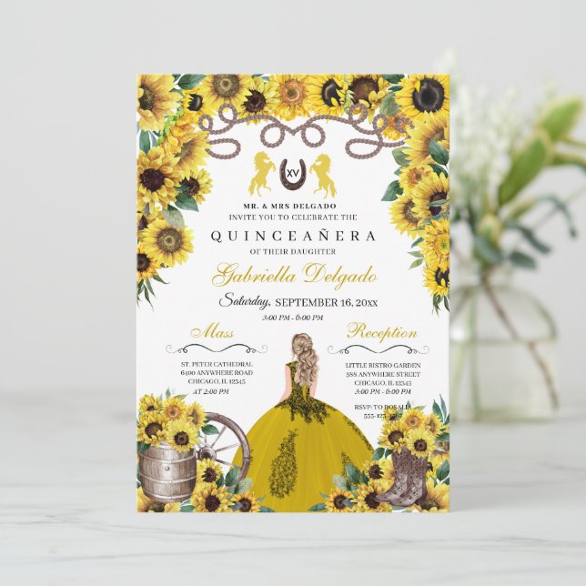 Gult Solblommor Western Charro Quinceanera Inbjudningar (Stående Fram)