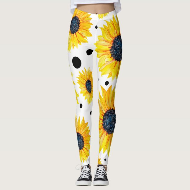 Gult Solblommor White Background Mönster Leggings (Framsida)
