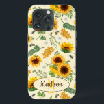 Gult Solnyfärgade Garden Sunblommuna Bees<br><div class="desc">Anpassade namn och ett telefonfodral i monogram med färgade trädgårdsblommor,  honungskomb och honungsbin,  gult,  brun och grönt färg.</div>