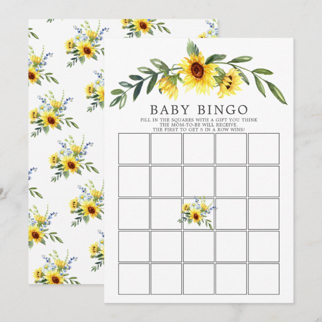 Gult Solros BINGO Baby Shower Game Inbjudningar (Fram/baksida)