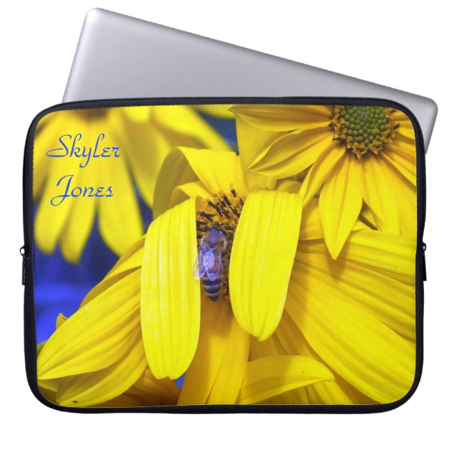 Gult Solros, blå Bee Laptop sleeve (Framsidan)