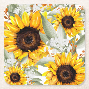 Gult Solros Blommigt Rustic Fall Flower Underlägg Papper Kvadrat
