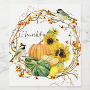 Gult Solros Blommigt Tack Pumpkin Fall-händelse Vinflaska Etikett