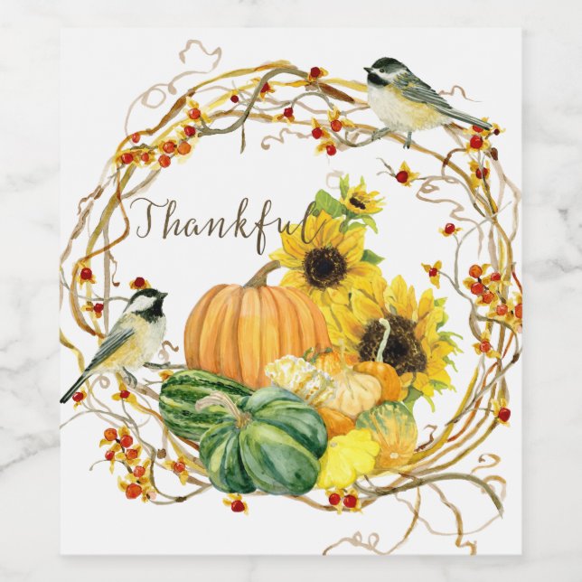 Gult Solros Blommigt Tack Pumpkin Fall-händelse Vinflaska Etikett (Singel etikett)