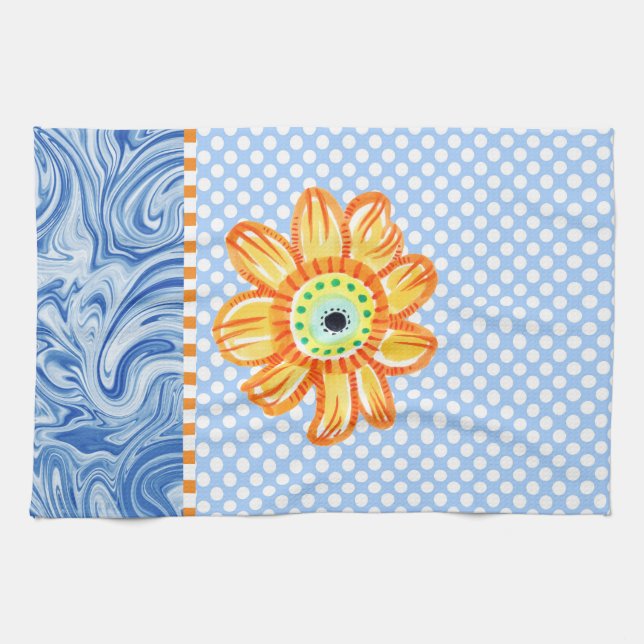 Gult Solros Blue Polkadot Kitchen Towel Kökshandduk (Horisontell)