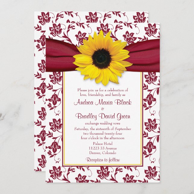 Gult Solros Burgundy Damask Wedding Inbjudningar (Fram/baksida)