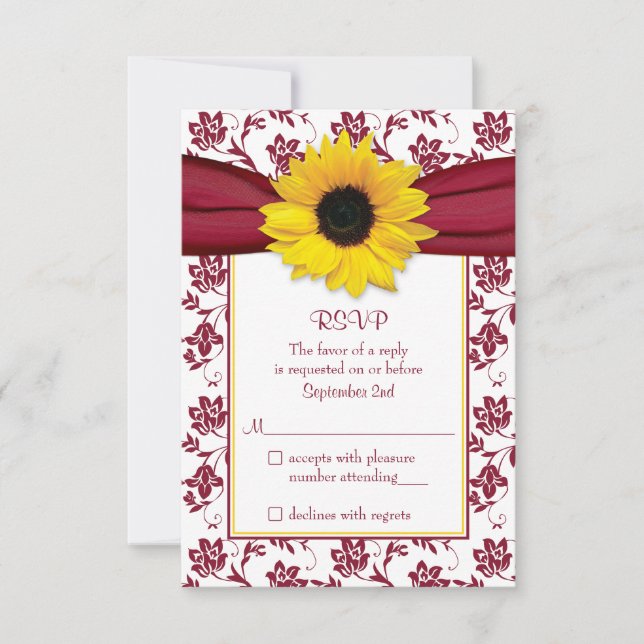 Gult Solros Burgundy Damask Wedding OSA kort (Framsida)