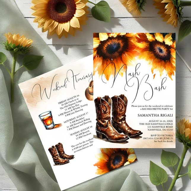 Gult Solros Cowboy Boots Bachelorette Helg Inbjudningar (Nash bash watercolor cowgirl girls weekend invitations cowboy boots and sunflowers itinerary )