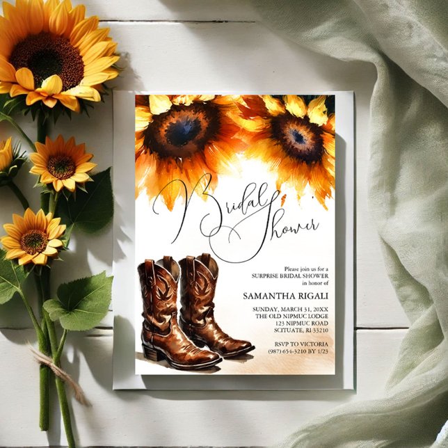 Gult Solros Cowboy Boots Möhippa Inbjudningar (Bridal shower invitations watercolor sunflowers and cowboy boots )