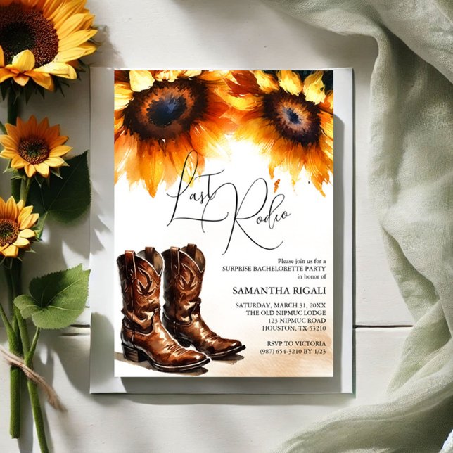 Gult Solros Cowgirl Boots Last Rodeo Inbjudningar (Bachelorette party invitations last rodeo sunflower and cowboy boots)