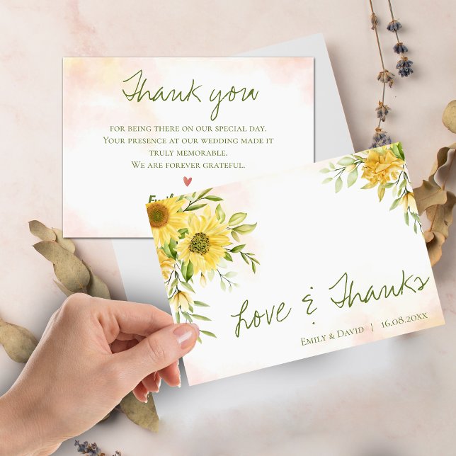 Gult Solros Elegant Kärlek & Tack Bröllop Kort (Yellow Sunflower Elegant Love & Thanks Wedding Thank You Card)