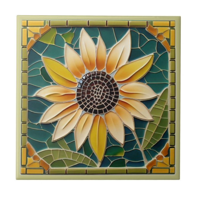 Gult Solros Faux Mosaic Grönt Kakelplatta (Framsidan)
