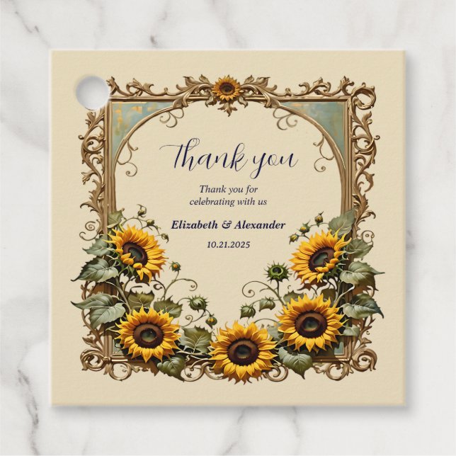 Gult solros med ram bröllop gåvor etiketter (Framsida)