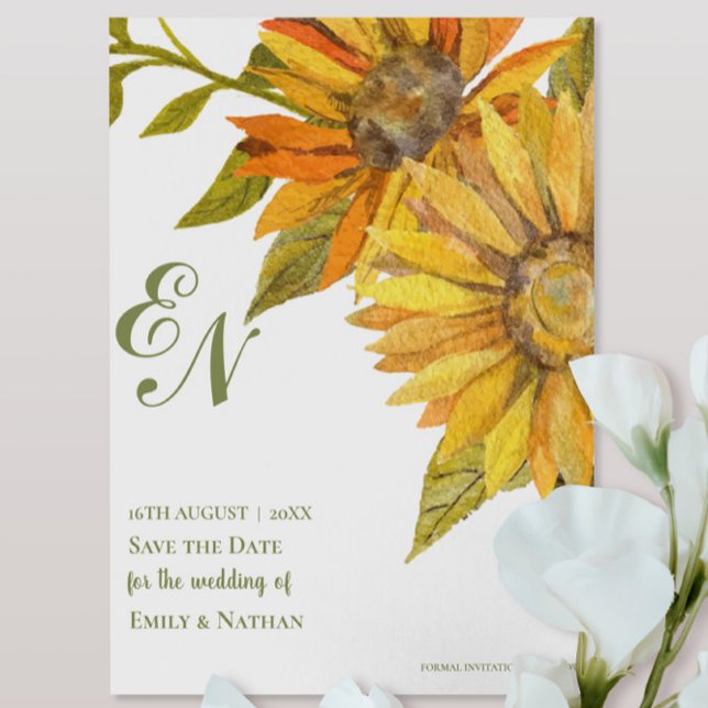 Gult Solros Monogram Bröllop spara datum (Yellow Sunflower Monogram Wedding Save the Date)