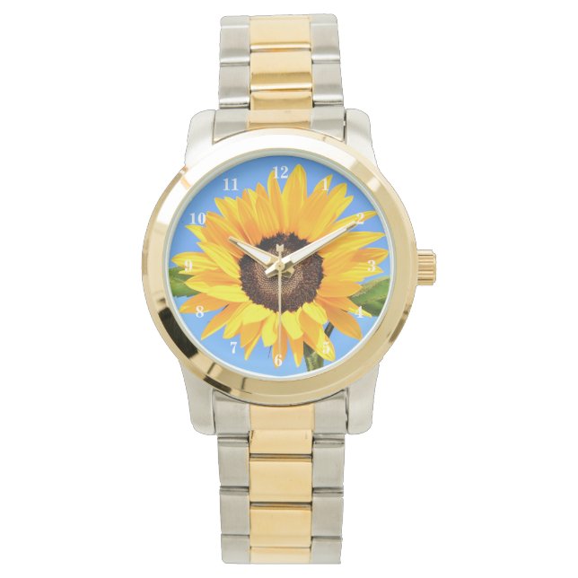 Gult Solros mot Sol på Blå himmel - Sommar Armbandsur (Framsida)