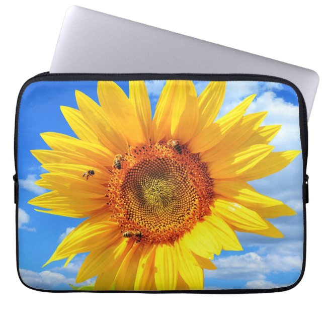 Gult Solros och bin Blå himmel - sommardagen Laptop Fodral (Framsidan)