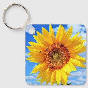 Gult Solros och bin Blå himmel - sommardagen Nyckelring
