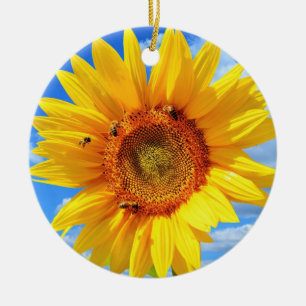Gult Solros och Bin på Blå himmel - Sommar Julgransprydnad Keramik