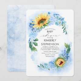 Gult Solros och Blue Hydrangea Baby Shower Inbjudningar