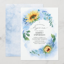 Gult Solros och Dusty Blue Hydrangea Baptism Inbjudningar