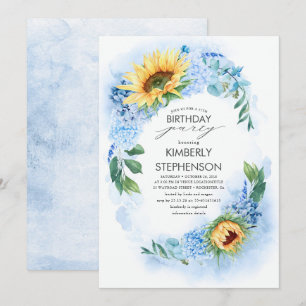 Gult Solros och Dusty Blue Hydrangea Birthday Inbjudningar
