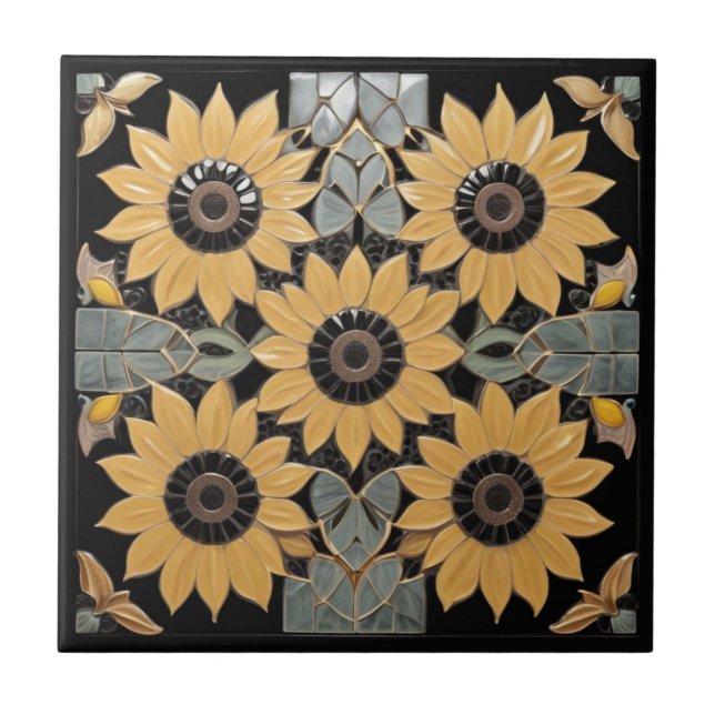 Gult Solros på Black Art Deco inspirerad Kakelplatta (Framsidan)