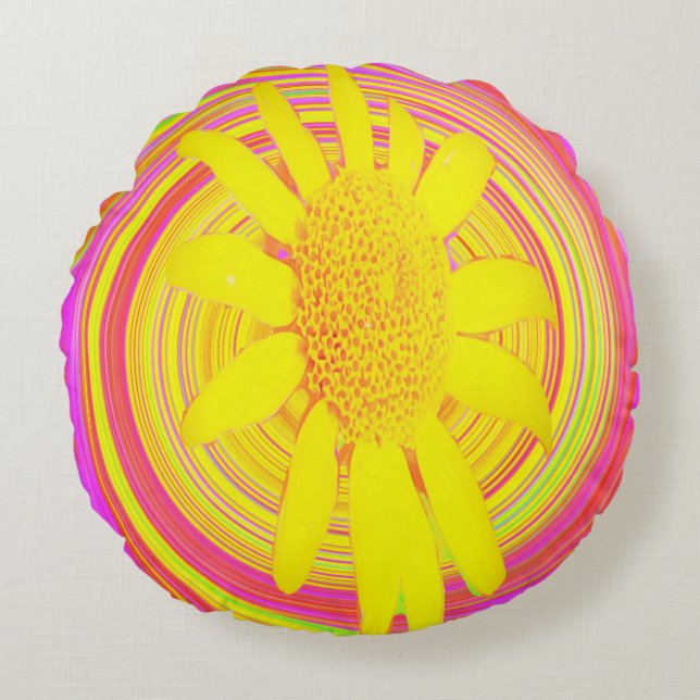 Gult Solros på en Psychedelic Swirl Rund Kudde (Framsidan)