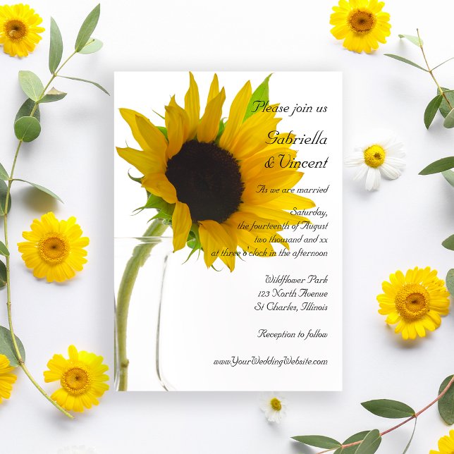 Gult Solros på White Bröllop Inbjudningar (Set the tone for a summer  or fall marriage with the pretty Sunflower on White Wedding Invitation.)