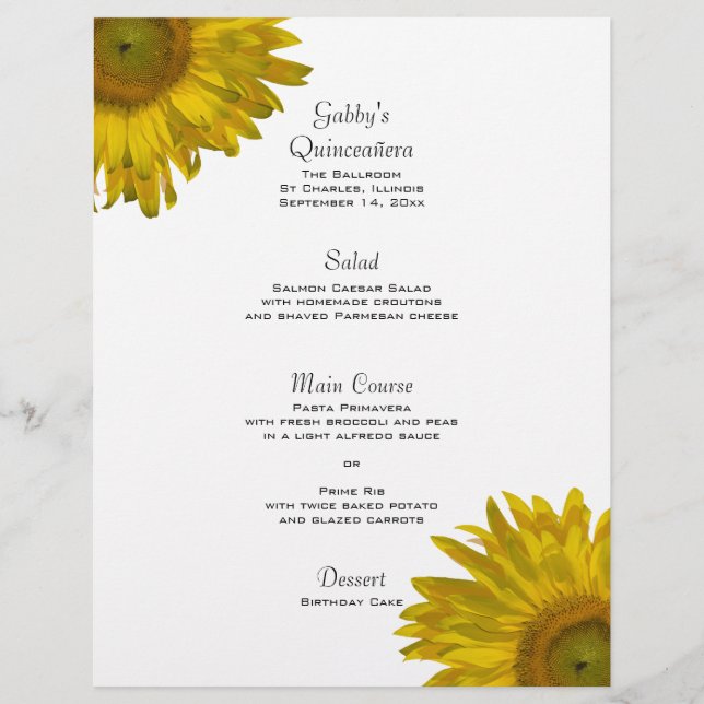 Gult Solros Quinceanera Menu (Framsida)