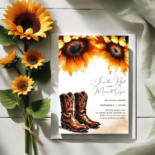 Gult Solrosblomma Boots bröllopsinbjudan Inbjudningar (Sunflower and cowboy boots wedding invitations for western barn weddings)