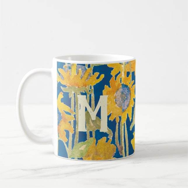 Gult Solrosblommor Blommigt Monogrammad Initial Kaffemugg (Vänster)