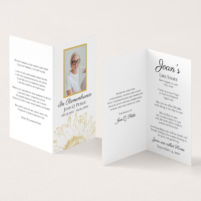 Gult Solrosgrafik Funeral Memorial Prayer Visitkort (In- och utsida)