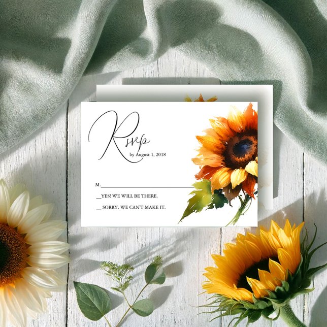 Gult Solroskort Bröllop OSA Kort (Rsvp cards watercolor sunflower wedding theme for rustic late summer and fall weddings)