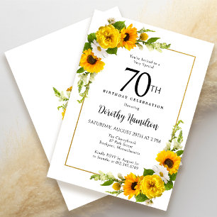 Gult Solrosvit Daisy Blommigt 70:e födelsedagen Inbjudningar