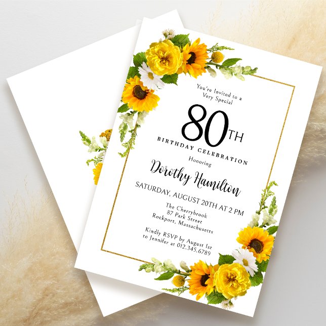 Gult Solrosvit Daisy Blommigt 80 födelsedagar Inbjudningar (Skapare uppladdad)