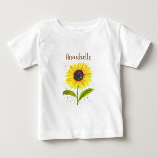 Gult Solrosvit rustik vattenfärgsblommigt söt T Shirt (Framsida)