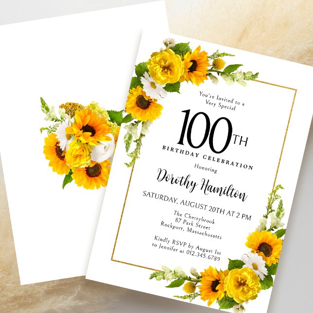 Gult Solrovit Daisy Blommigt 100:e födelsedagen Inbjudningar (Elegant Invitation to get the Party of to a Great Start!)