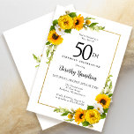 Gult Solrovit Daisy Blommigt 50:e födelsedagen Inbjudningar<br><div class="desc">Söt gult solrosblomma blommigt 50 års födelsedagskort. Gult och vita daisy med solblommor. Ett rektangulärt guld ram ge är en elegant vibe. Mycket enkelt att anpassa. Den där baksidan är vit med en solrosbukett. Det här är en perfekt för en sommardag. Denna punkt är party i Gulten Solros and White...</div>