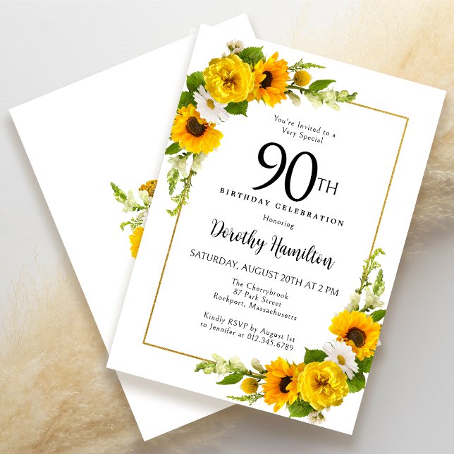 Gult Solrovit Daisy Blommigt 90:e födelsedag Inbjudningar (Elegant yellow floral design!)