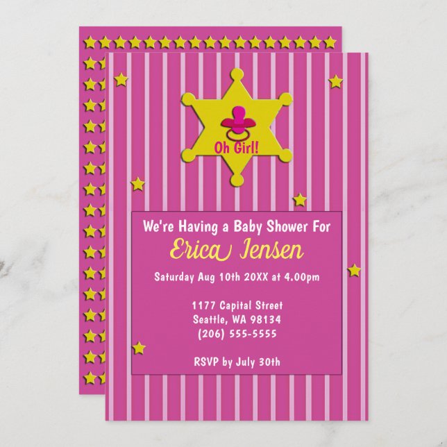 Gult Stars & Nappar Flicka Shower Inbjudningar (Fram/baksida)