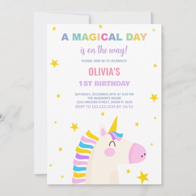 Gult Stars Unicorn Birthday-inbjudningar Inbjudningar (Framsida)