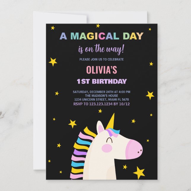 Gult Stars Unicorn Birthday-inbjudningar Inbjudningar (Framsida)