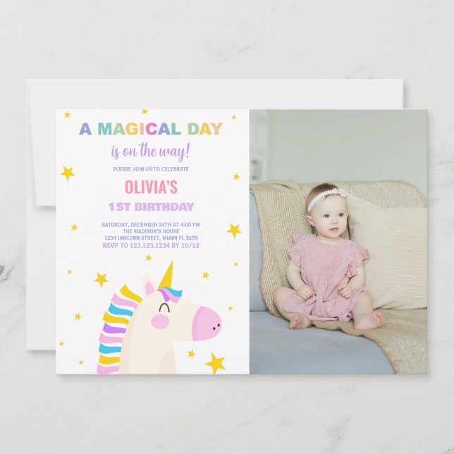 Gult Stars Unicorn Birthday-inbjudningar med foto Inbjudningar (Framsida)