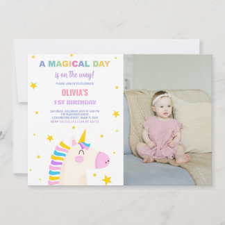 Gult Stars Unicorn Birthday-inbjudningar med foto Inbjudningar
