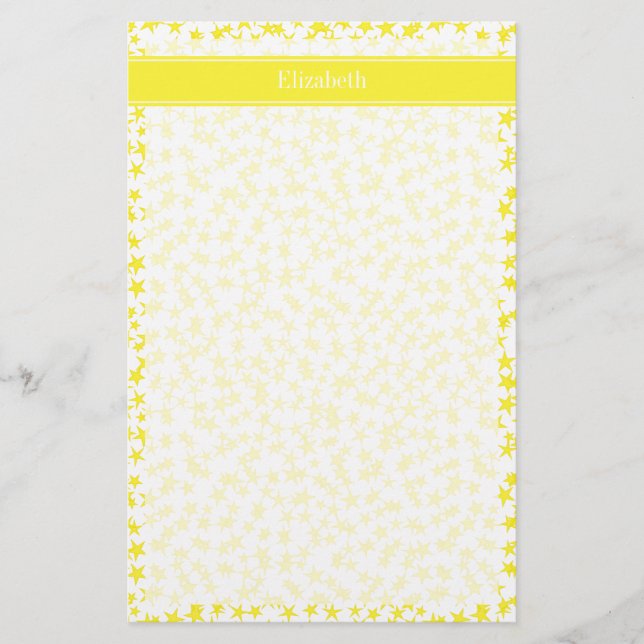 Gult Stars White BG, Gult Namn Monogram Brevpapper (Framsida)