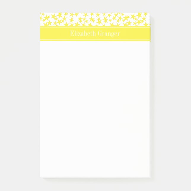Gult Stars White BG, Gult Namn Monogram Post-it Block (Framsida)