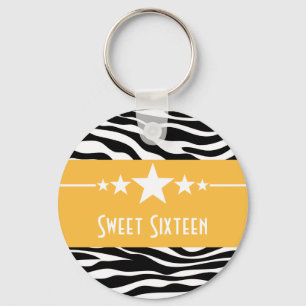 Gult Stars Zebra tryck Sweet 16 Keychain Nyckelring