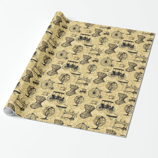 Gult Steampunk mönster som slår in papper Presentpapper (Utrullad)